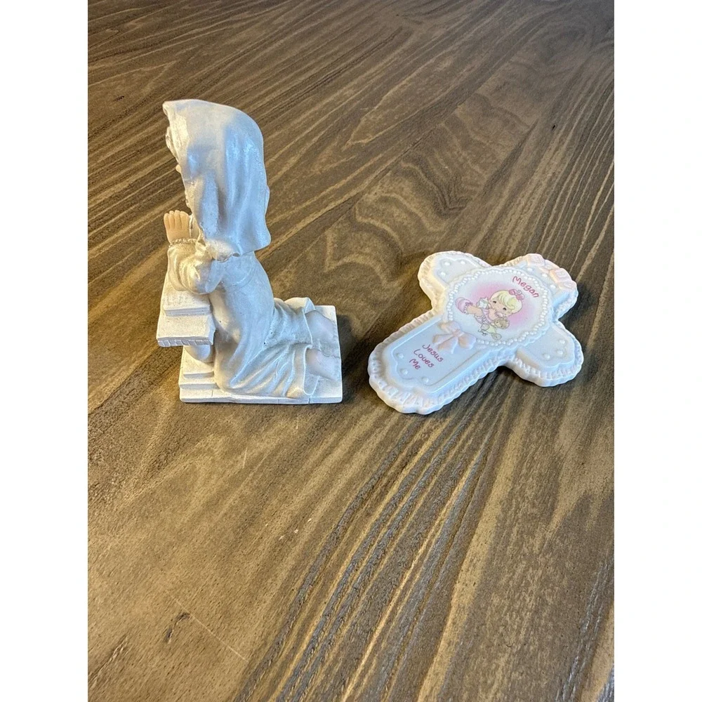 VTG Precious Moments Girl Figurine & Megan Baby Cross Set of 2 Religious